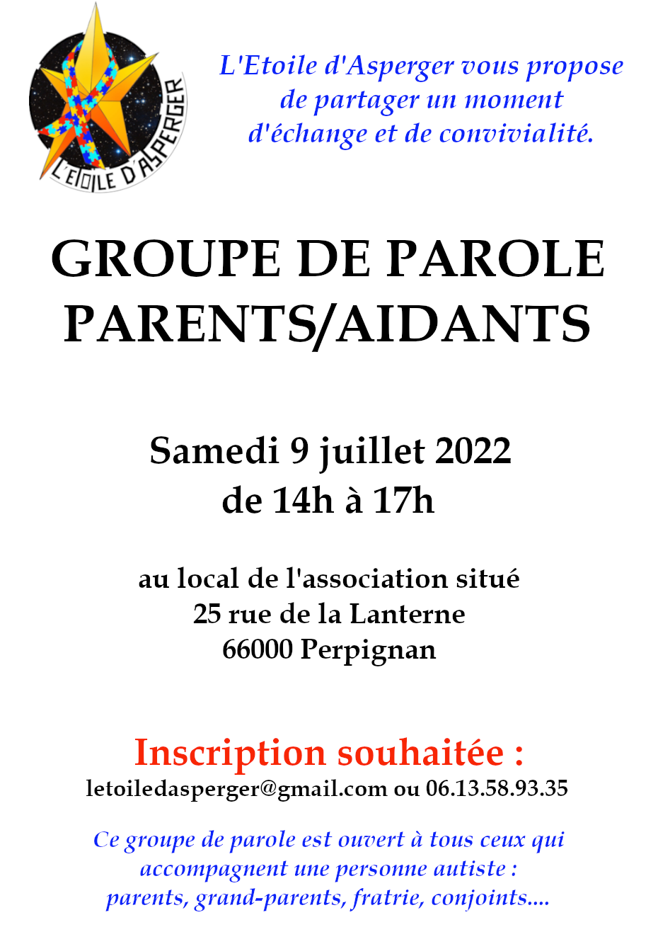 Flyer du groupe de parole parents-aidants du 9 juillet 2022